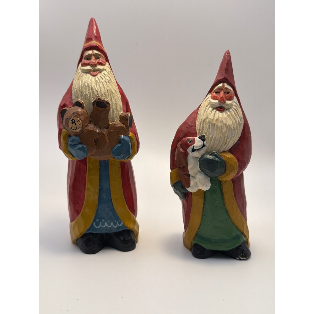 House of Hatten Susan M Smith Santa Figurines Set of 2 Bear Dog Folk Art Holiday